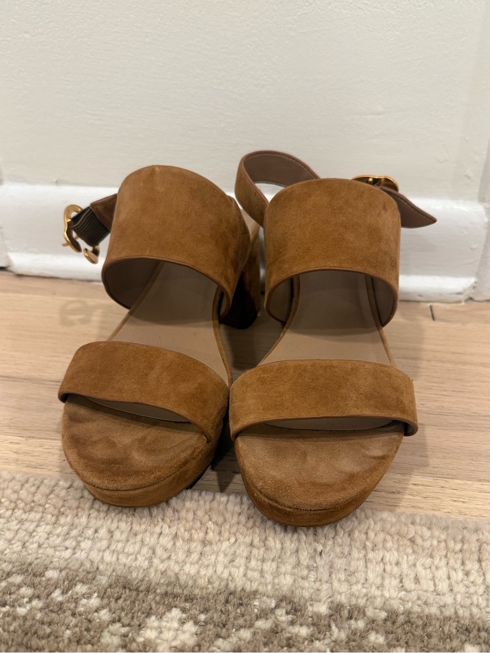 AEROSOLES Tan Suede Double-Strap Block Heel Sandals